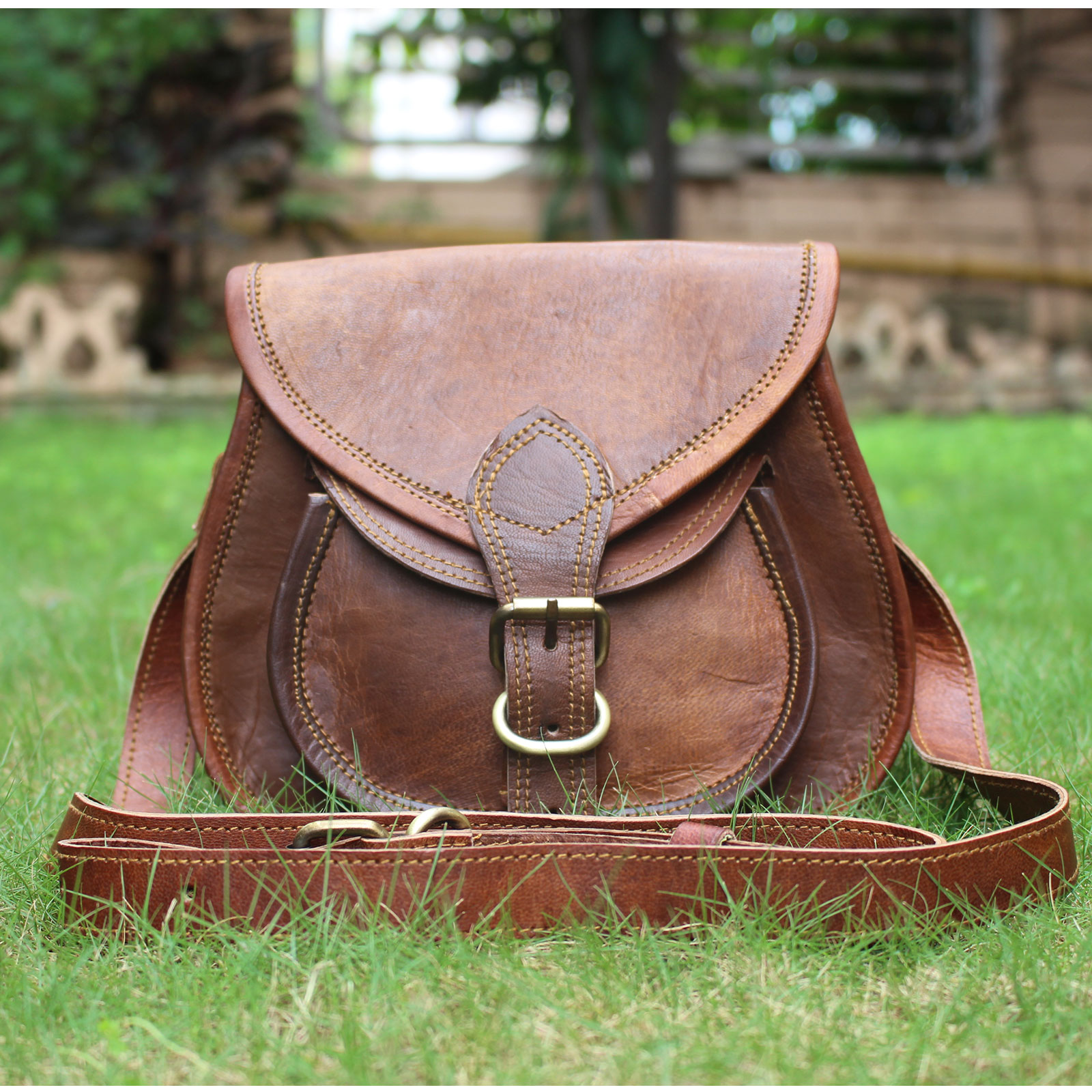 Genuine Leather Womens Sling Cross body Purse Saddle Brown Bag